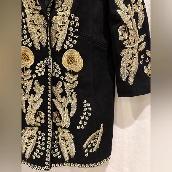 PAPARAZZI BY BIZ Jacket Black Twill Floral Embroidered Boho Coat M W/Pockets - Picture 2 of 8